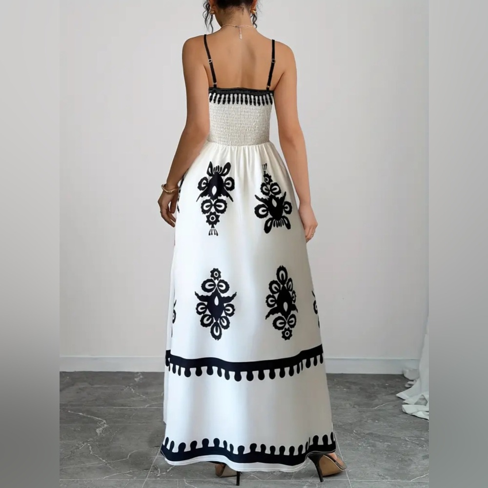 Smocked Maxi Dress | Black & White Elegant Vacation Dress Spaghetti Strap A-Line - Picture 4 of 4